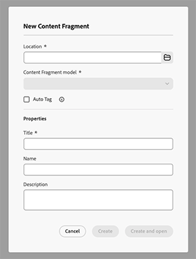 Micro-Frontend Content Fragment Creator - Dialog