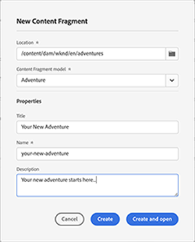 Content Fragments console - Creating a new fragment