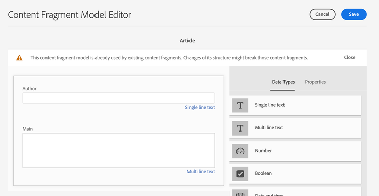 Content Fragment Model Editor