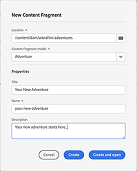 Create New Content Fragment dialog