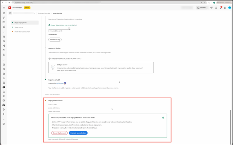 Cloud Manager deployment step showing the Cancel deployment and Promote to production actions for a ready canary release.