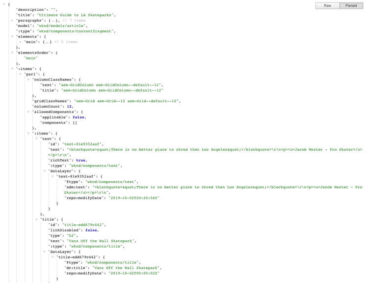 JSON model of WKND content fragment