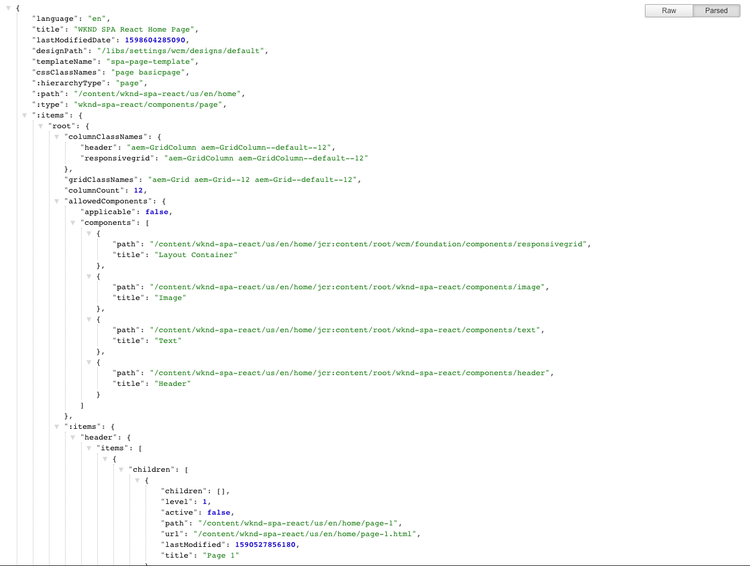 JSON of the WKND SPA Project home page