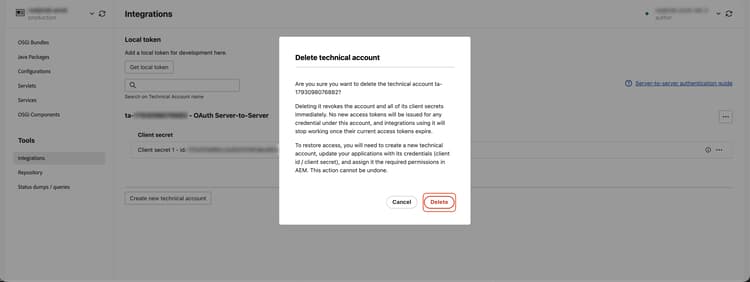 Delete technical account confirmation dialog