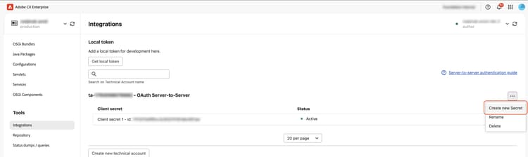 OAuth Server-to-Server account action menu with Create new Secret highlighted