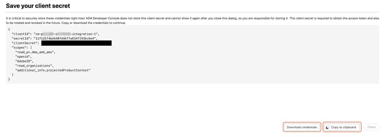 New secret dialog with the client secret value hidden and Download credentials and Copy to clipboard highlighted