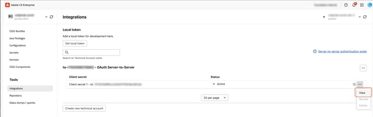 New OAuth Server-to-Server account with one Active client secret and its action menu open