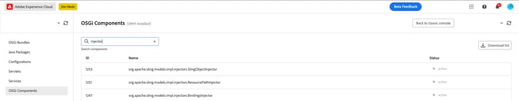 OSGi Components Tab in the Dev Console UI