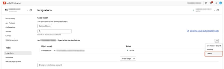 OAuth Server-to-Server account action menu with Delete highlighted