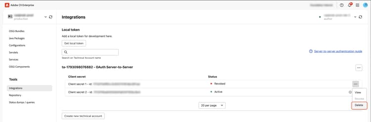 Client secret list showing the old secret as Revoked and the new secret as Active, with the revoked secret's Delete option highlighted