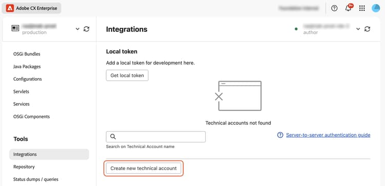 Integrations page with Create new technical account highlighted