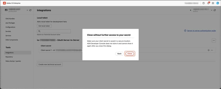 Close without further access to your secret confirmation dialog with Close highlighted