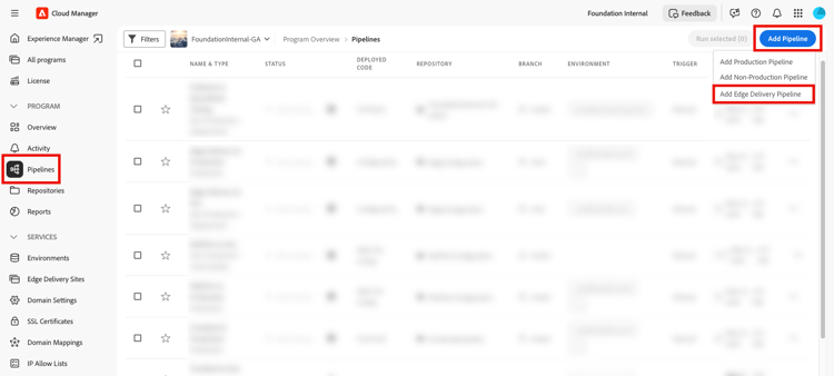 The Pipelines page with the Add Pipeline button