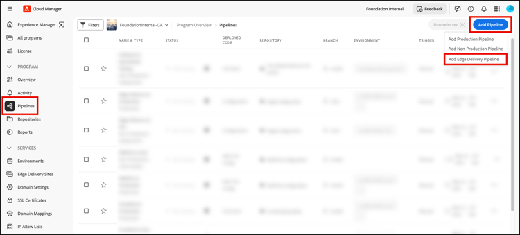 The Pipelines page with the Add Pipeline button