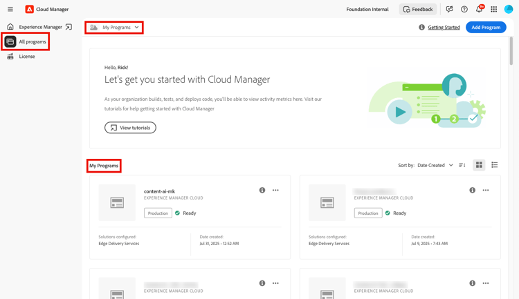 My programs page in Cloud Manager