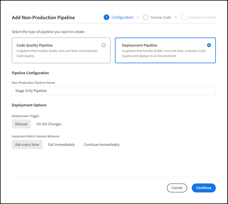 Configuration tab in the Add Non-Production Pipeline dialog box