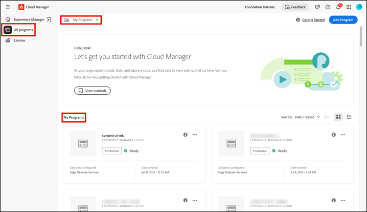 My programs page in Cloud Manager