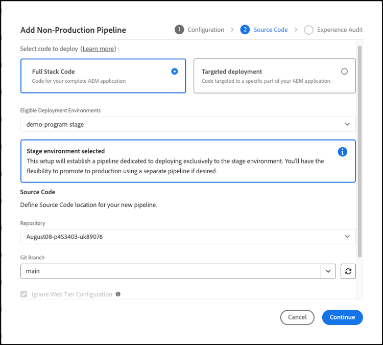 Source Code tab in the Add Non-Production Pipeline dialog box
