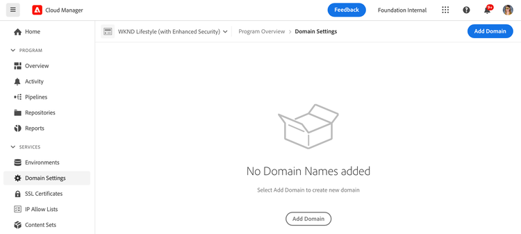 The Domain Settings window