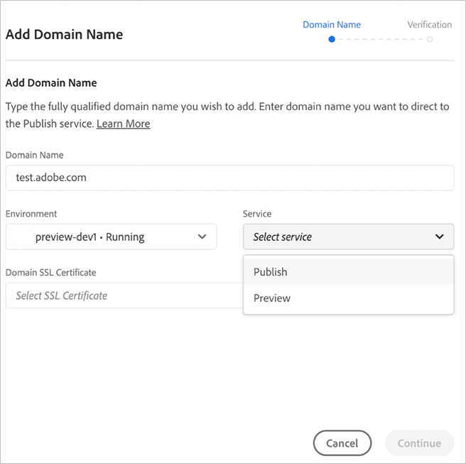 Add Domain dialog