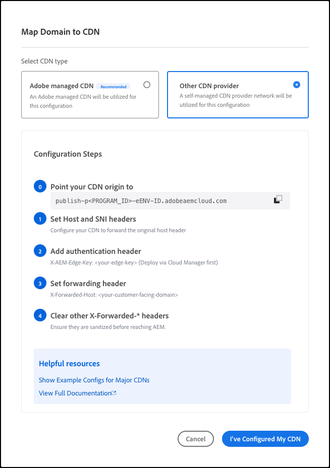 Map Domain to CDN dialog box with Adobe managed CDN radio button selected