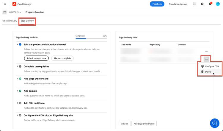 Add Edge Delivery Site from the Edge Delivery tab