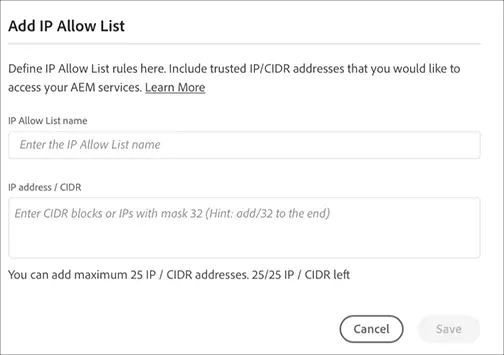 The Add IP Allow List dialog box