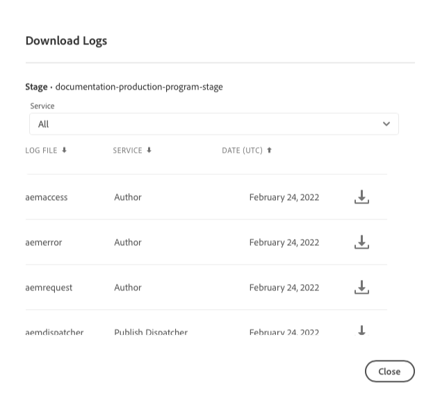 Download Logs dialog
