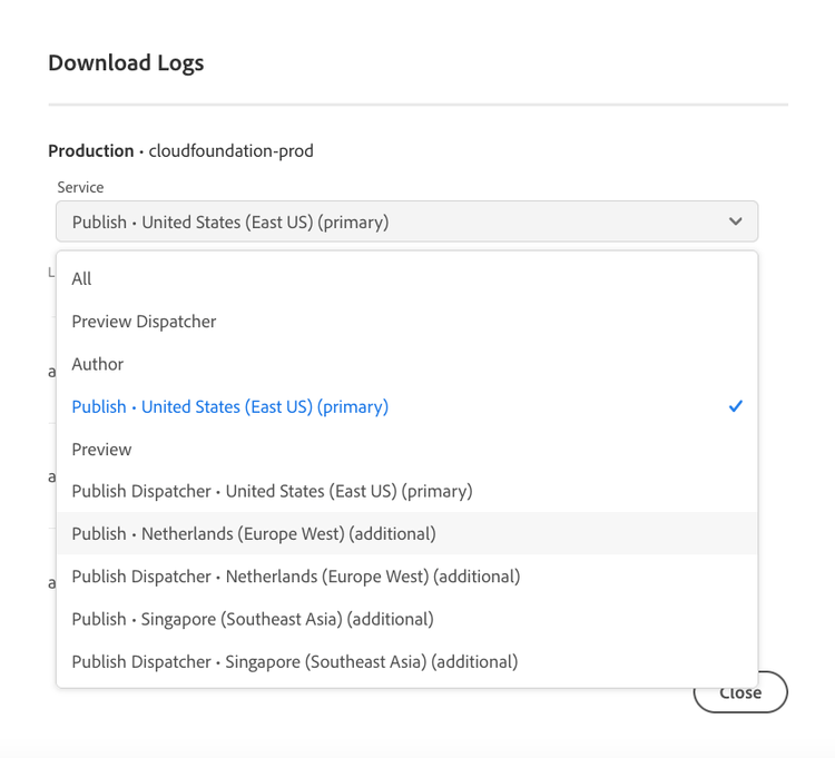 Download Logs for additional publish regions