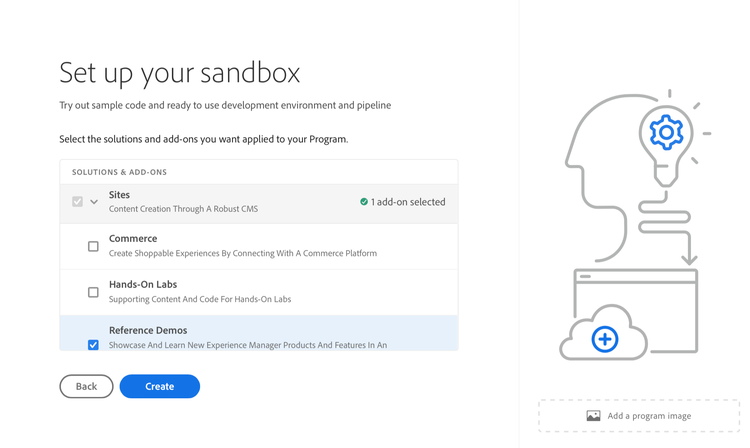 Select solutions and add-ons for a sandbox