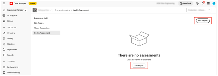 Click the Generate new report button on the Health Assessment page