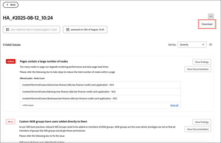 Download PDF of all issues found in a report