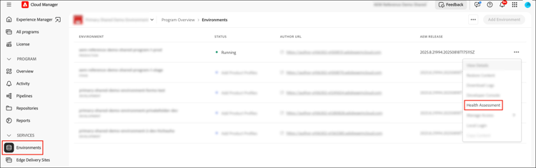 Selecting Health Assessment from the ellipsis menu on the Environments page
