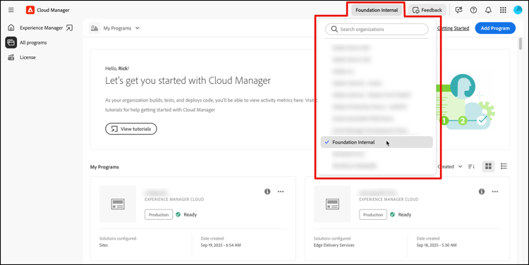 Selecting an organization in Cloud Manager