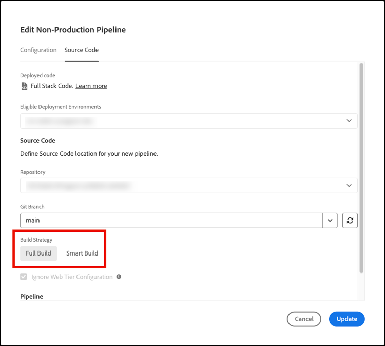 Edit Non-Production Pipeline dialog box showing the two Build Strategy options which are Full Build and Smart Build