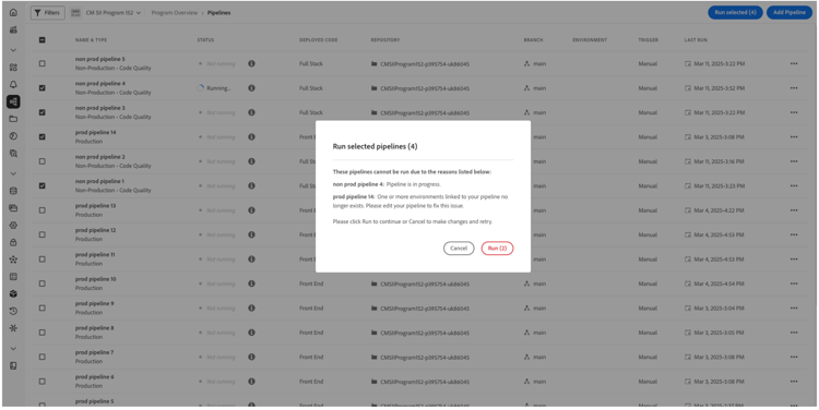 Run selected pipelines dialog box