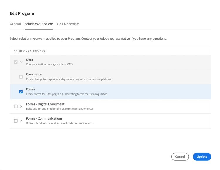 Forms add-on when editing a production program