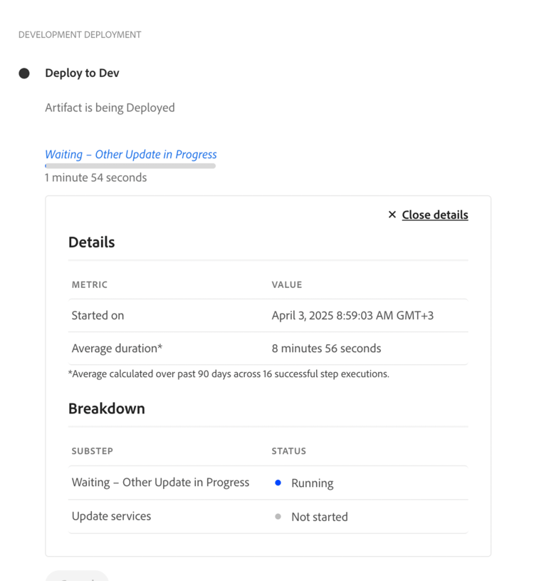 Development deployment dialog box showing details and breakdown