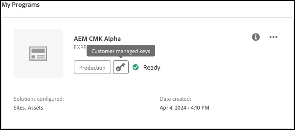 My Programs card showing a Customer Managed Key icon