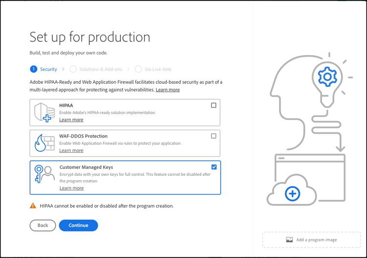 Set up for production dialog box showing Security tab with Customer Managed Keys option selected