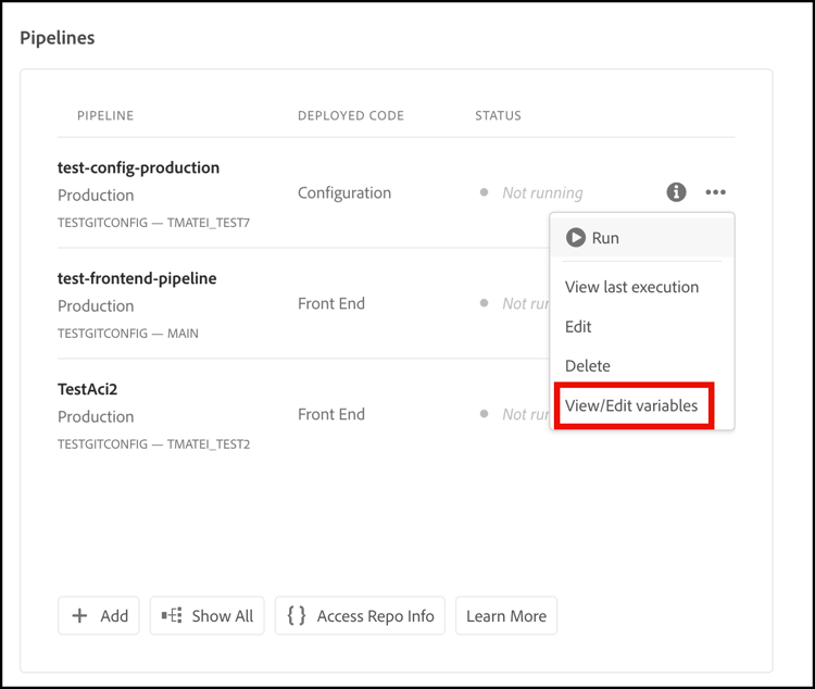 View/Edit variables option on the drop-down menu for a selected pipeline