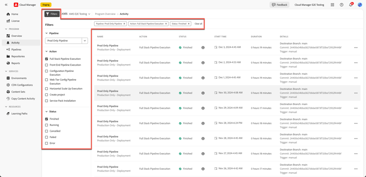 Pipeline activities filtering