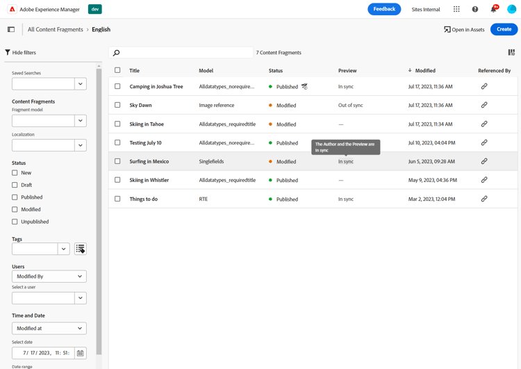 Preview in Content Fragment Console