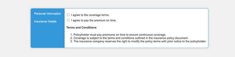 Checkbox, Terms and Conditions, and Vertical tab components