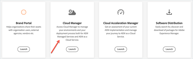 Four areas of Cloud Manager -- Brand Portal, Cloud Manager, Cloud Acceleration Manager, and Software Distribution -- each showing their own Launch buttion.