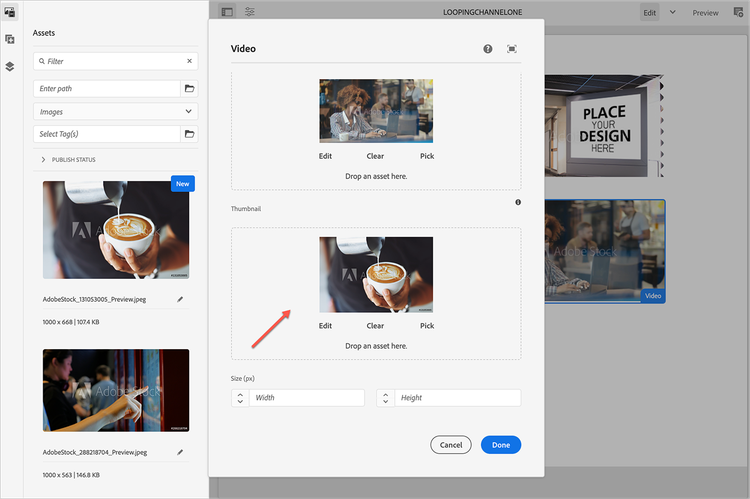 Asset image picker shown behind the Video dialog box with image asset shown in the Thumbnail drop box