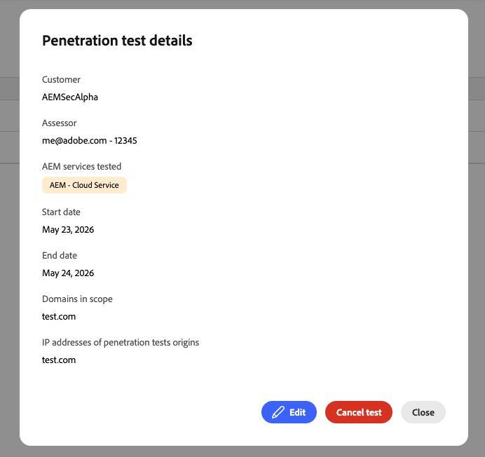 Penetration test details dialog