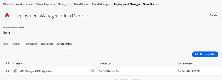 AEM Managed CDN Integration in the Cloud Manager Deployment Manager product profile in Adobe Admin Console