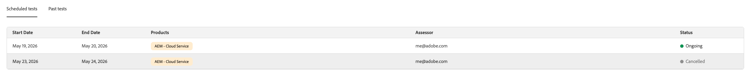 Table showing a penetration test with a cancelled status