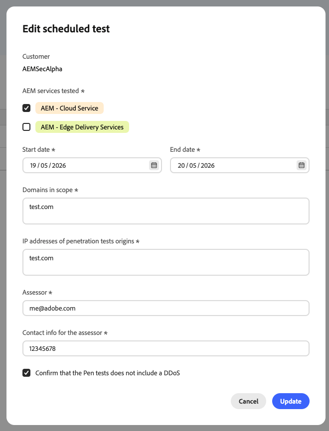 Dialog for editing a scheduled penetration test